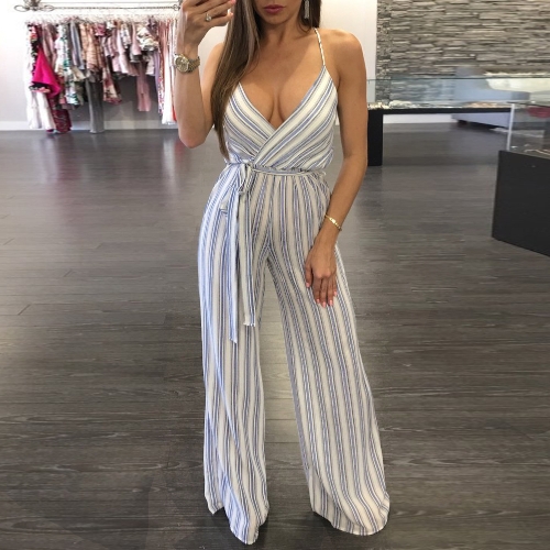 

Sexy Women Slip Jumpsuit Deep V Neck Цветочные полосатые печатные ремешки для спагетти Широкие штаны для ног Slim Playsuit Rompers