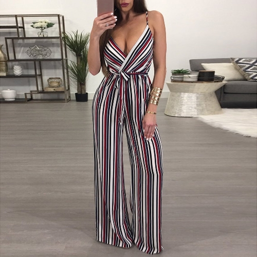 

Sexy Women Slip Jumpsuit Deep V Neck Floral Striped Print Spaghetti Strap Wide Leg Pants Slim Playsuit Rompers