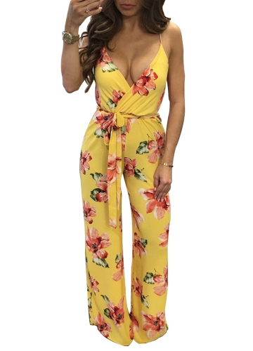 Sexy Women Slip Jumpsuit Deep V Neck Floral Striped Print Spaghetti Strap Wide Leg Pants Slim Playsuit Rompers