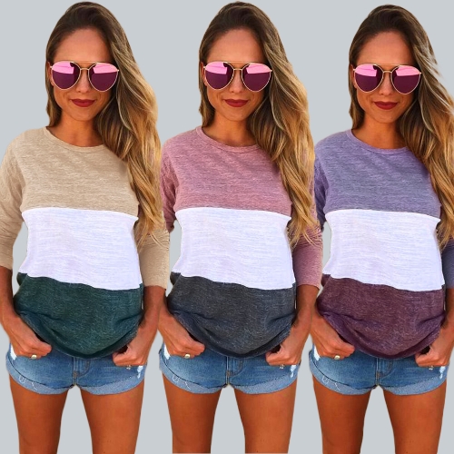 T-shirt donna maniche lunghe impiombatura color block o collo dropped shoulder casual tees pullover top