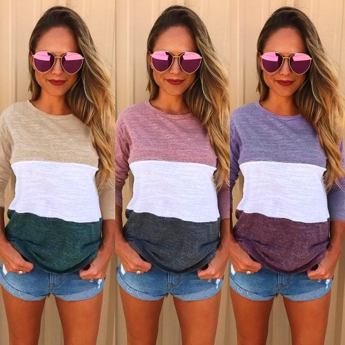 

Women Long Sleeves T-Shirt Splicing Color Block O Neck Dropped Shoulder Casual Tees Pullovers Tops
