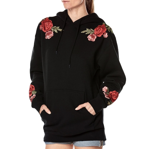 

New Women Hooded Sweatshirt Floral Embroidery Long Sleeves Pockets Casual Loose Hoodies Top Pullover