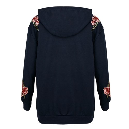 Nuove donne con cappuccio felpa con ricamo floreale maniche lunghe tasche con cappuccio sciolti casuali Top Pullover
