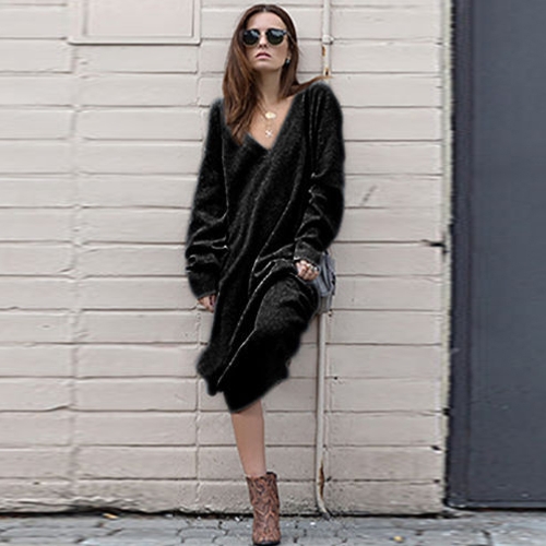

Winter Women Maxi Loose Deep V Neck Long Sleeve Knitted Dress