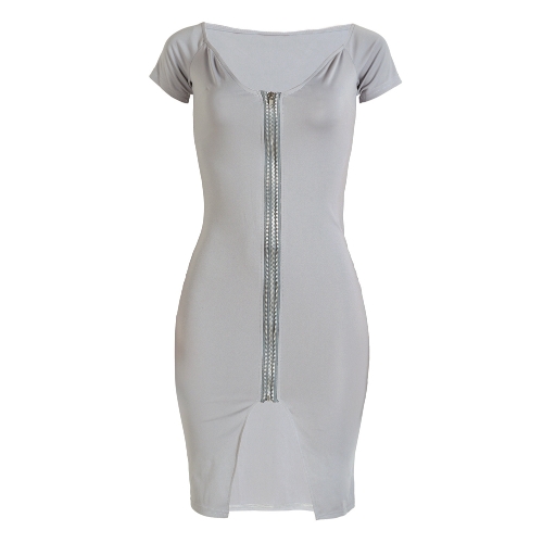 

Sexy Women Off Shoulder Bodycon Dress Short Sleeve Solid Slim Split Midi Dress Party Clubwear Black/Grey