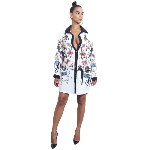 

Autumn Women Casual Floral Print Shirt Dress