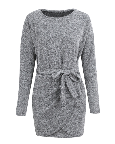

Winter Women Knit Cross Belted O-Neck Long Sleeve Knitted Mini Sweater Dress