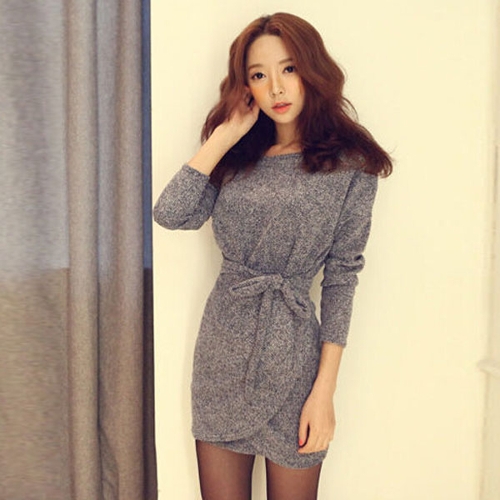 

Winter Women Knit Cross Belted O-Neck Long Sleeve Knitted Mini Sweater Dress
