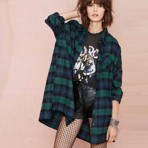 

Women Over sized Plaid Tartan Shirt Buttons Pocket Turn-down Collar Long Sleeve Baggy Check Blouse