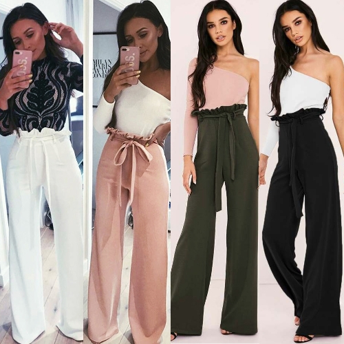 

New Women High Waist Pants Belt Ruffle Zip Solid Color Wide Leg Trousers Elegant Long Pant