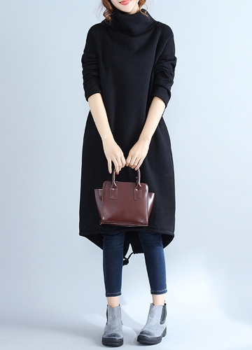

Fashion Women Casual Loose Turtleneck Solid Color Fleece Sweater Dress