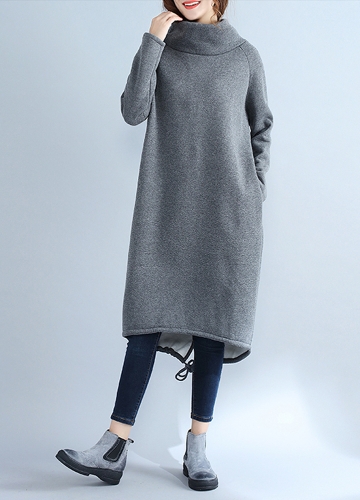 

Fashion Women Casual Loose Turtleneck Solid Color Fleece Sweater Dress