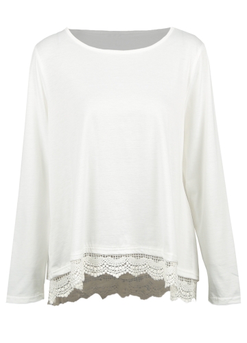 T-shirt casual da donna nuova moda girocollo manica lunga pizzo crochet giuntura orlo irregolare Top Tee