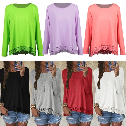 T-shirt casual da donna nuova moda girocollo manica lunga pizzo crochet giuntura orlo irregolare Top Tee