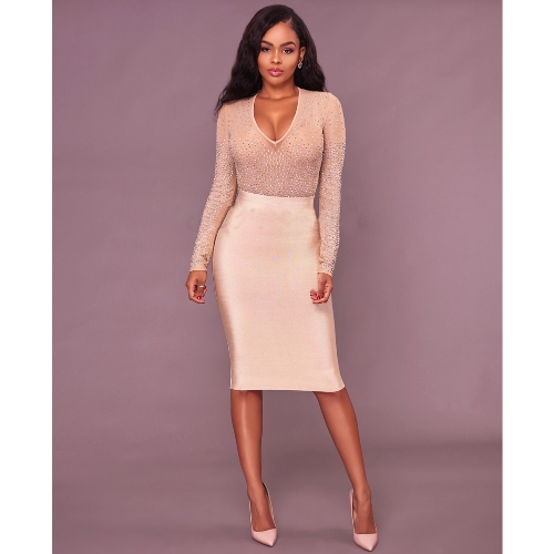 

Sexy Bodycon Women Bodysuit Romper Sheer Mesh Rhinestone Deep V-neck Long Sleeves Club Jumpsuit Playsuit
