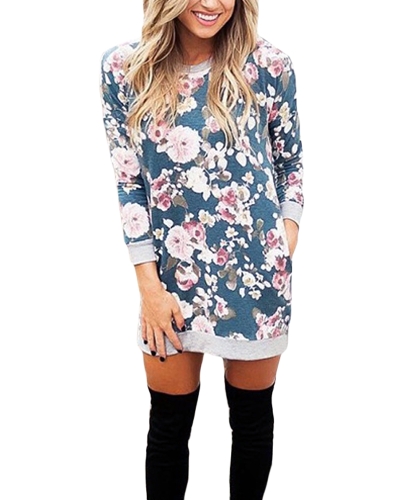 

Sexy Women Flora Print O-Neck Long Sleeve Vintage Straight Dresses Mini Dress