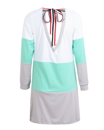 

Женщины вскользь платье с длинным рукавом из цветного блока Tie Back O-Neck Pockets Drawstring Loose Contrast T-Shirt Dress