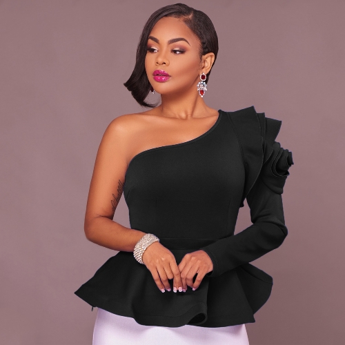 

Women Tops Solid One Shoulder Asymmetric Neckline One Long Sleeve Peplum Hem Ruffle Elegant Party Wear