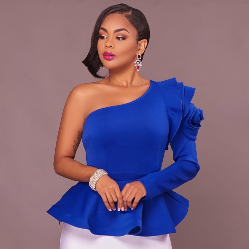 

Women Tops Solid One Shoulder Asymmetric Neckline One Long Sleeve Peplum Hem Ruffle Elegant Party Wear