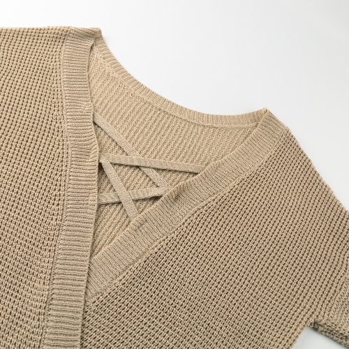 

Women Knitted Loose Sweater Solid V Back Bandage Cross Over Hollow Out Long Sleeve Casual Jumper