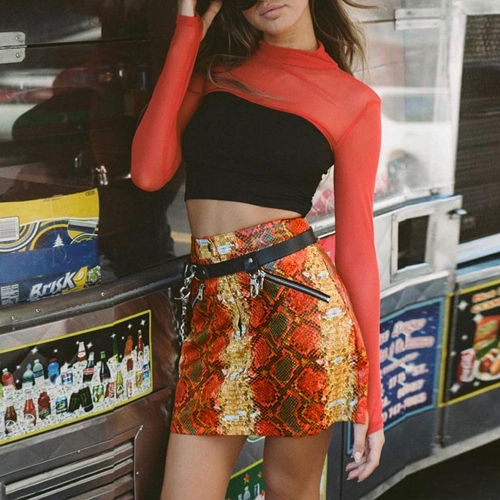 

Women High Waist Snakeskin Print Zipper Orange Mini Skirts