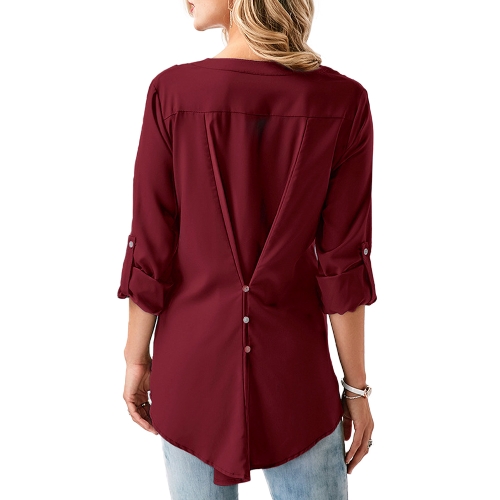 

Women Chiffon Lace Shirt Blouse V Neck Roll-up Long Sleeves Buttoned Back Pocket Asymmetrical Casual Tunic Tops
