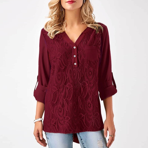

Women Chiffon Lace V Neck Roll-up Long Sleeves Shirt Blouse