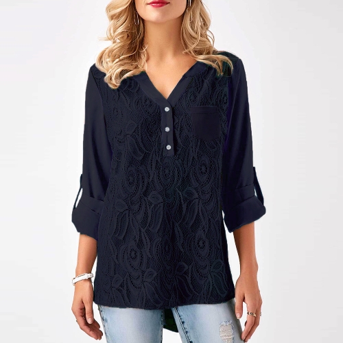 

Women Chiffon Lace V Neck Roll-up Long Sleeves Shirt Blouse
