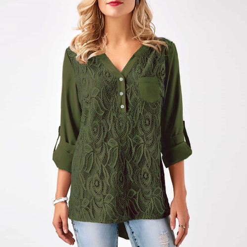 

Women Chiffon Lace V Neck Roll-up Long Sleeves Shirt Blouse
