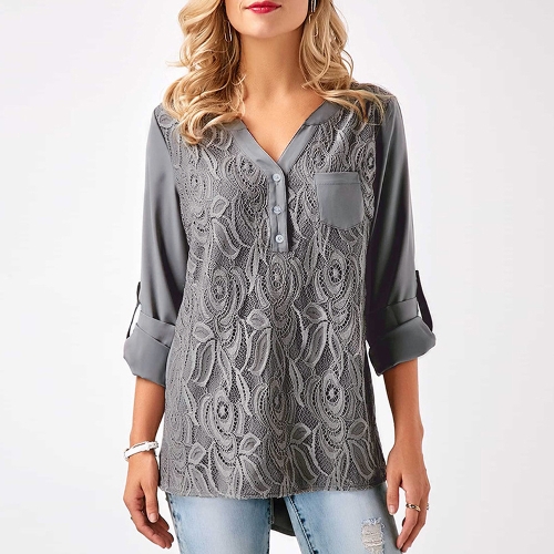 

Women Chiffon Lace V Neck Roll-up Long Sleeves Shirt Blouse