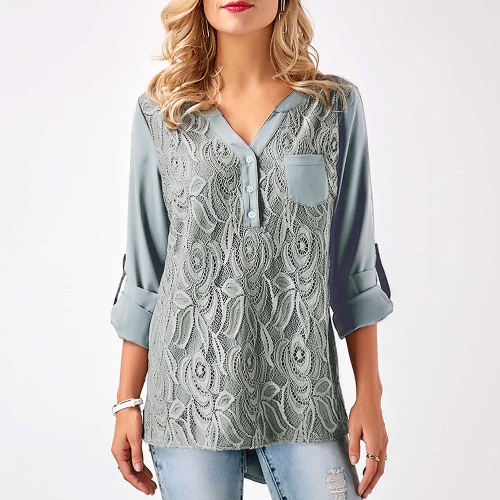 

Women Chiffon Lace V Neck Roll-up Long Sleeves Shirt Blouse