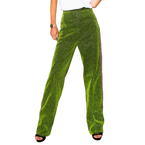 Women Metallic Pants Straight Leg Pants Side Stripe Elastic Waist Casual Trousers Red/Green