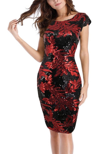 

Sequin Leaves Vintage Short Sleeve Deep V Back Pencil Midi Dress