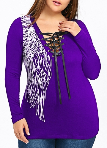 

Women Wing Print T-Shirt Plus Size Lace Up Lace Patchwork