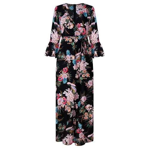 Abito da donna sexy con stampa floreale con scollo a V e maniche svasate