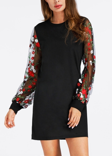 

Floral Embroidery Mesh Long Sleeve Mini A Line Elegant One-Piece Dress