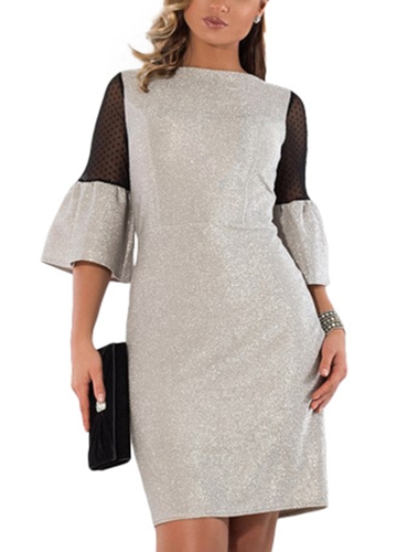 

Women Glitter Mini Dress Mesh Flare Sleeve Bodycon Dress