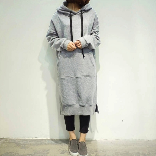 

Women Loose Hooded Dress Solid Long Sleeve Pockets Split Long Sweatshirt