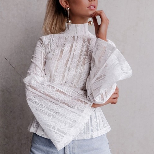 

Women Lace Blouse Long Flare Sleeve Semi-sheer Slim Plus Size Shirt