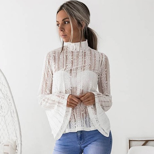 

Women Lace Blouse Long Flare Sleeve Semi-sheer Slim Plus Size Shirt