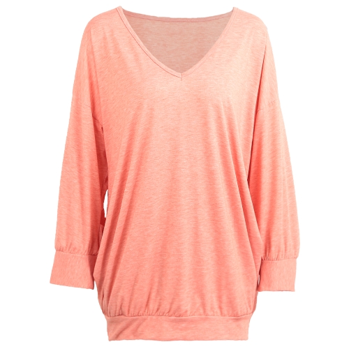 Maglietta lunga delle donne di nuova moda T-shirt profonda scollo a V Faux Pocket Design solido allentato Long Casual Top