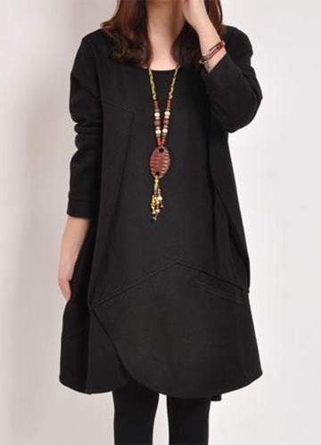 

Women Loose Dress Solid Pocket Drape Irregular Long Sleeve Casual One-Piece