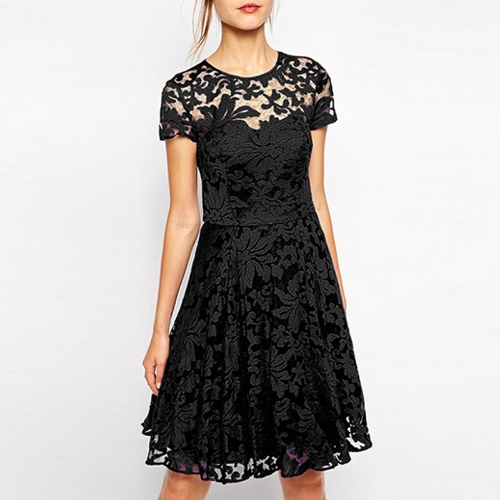 

Sexy Women Floral Round Neck Short Sleeve Pleated Swing Lace Dress