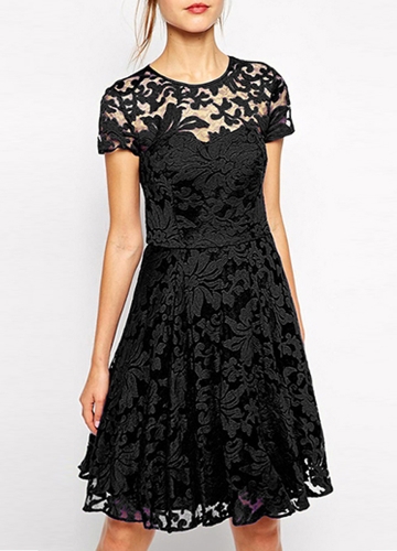 

New Sexy Women Floral Lace Dress Round Neck Short Sleeve Pleated Swing Cocktail Party Dress Blue/Black/Red