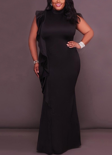

Sexy Women Dress Plus Size Ruffle Side Stand Collar Sleeveless Bodycon Mini Dress Oversize Party Clubwear Black/White