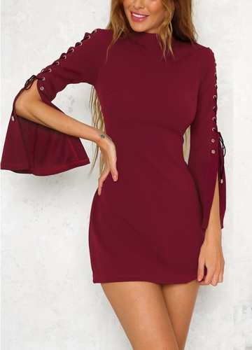 

Sexy Women O-Neck Strappy Flare Sleeve Back Zipper Mini Boycon Dress