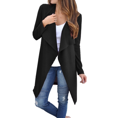 Frauen Waffel Strickjacke Mantel Open Front Umlegekragen Bertha Loose Long Outwear