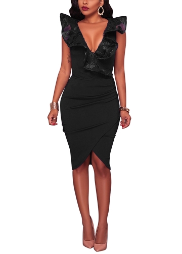 

Sexy Women Bodycon Lace Ruffle Sleeveless Midi Dress