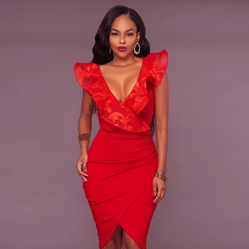 

Sexy Women Bodycon Lace Ruffle без рукавов Midi Dress