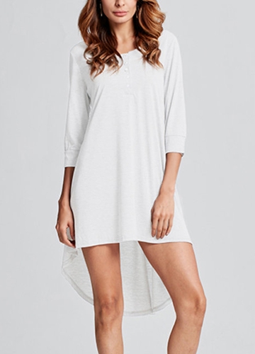 

Women Long Tunic Top Basic Button Front O-Neck Irregular Hem T-Shirt